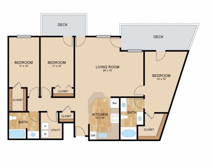 Floor plan for 3 beds, 2 baths, 1538 sqft